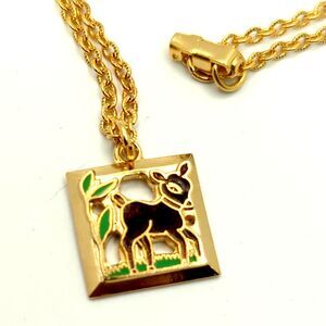 1970s Vintage Emmons Enameled Deer Pendent Choker Necklace -  Signed - 14 in